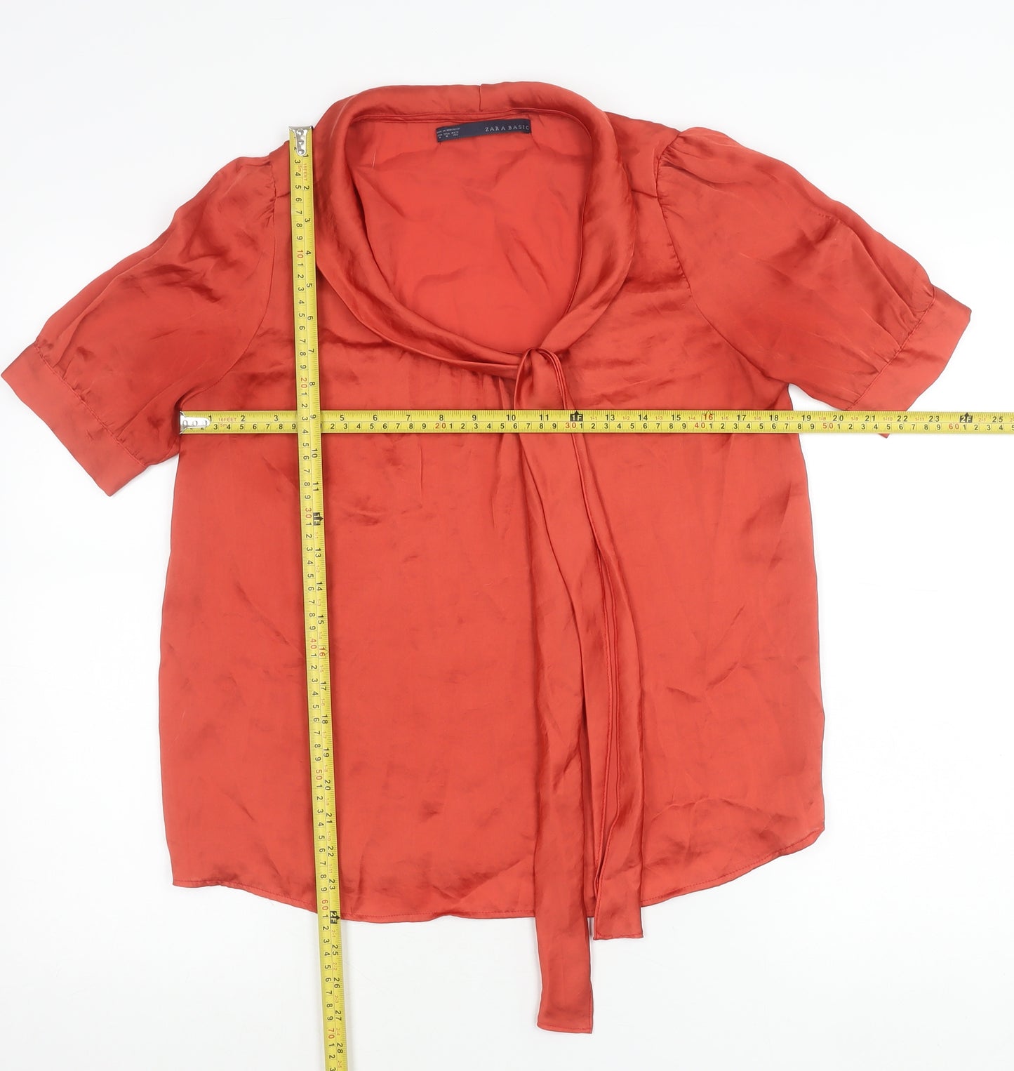 Zara Basic Women’s Red Satin Blouse M Puff Sleeve Tie Neck