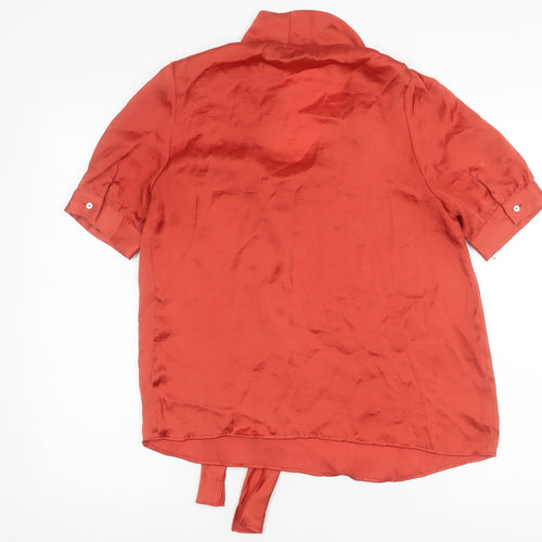 Zara Basic Women’s Red Satin Blouse M Puff Sleeve Tie Neck