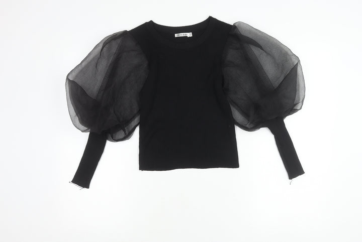 Cherry Koko Womens Black Puff Sleeve Blouse Size S Round Neck