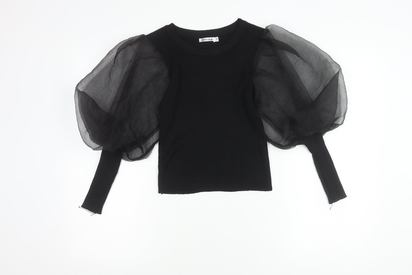 Cherry Koko Womens Black Puff Sleeve Blouse Size S Round Neck