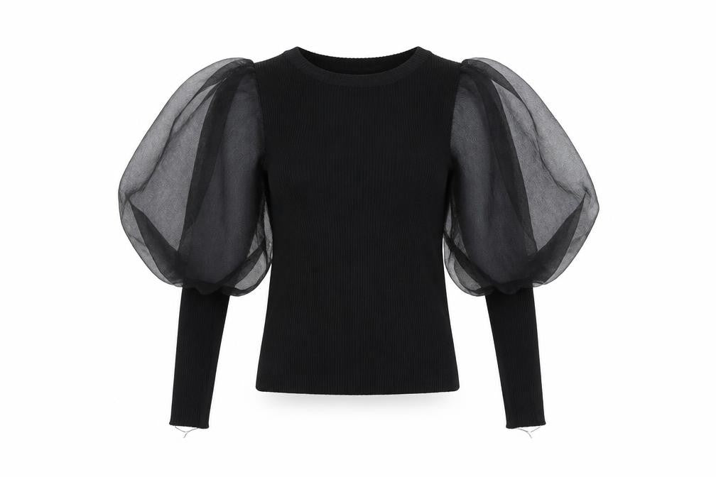 Front view of Cherry Koko women’s black puff sleeve blouse, size S, round neck