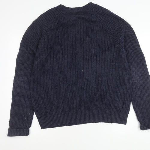 MNG Men’s Blue Wool Blend XL Waffle Knit Crew Pullover Jumper