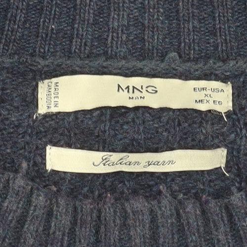 MNG Men’s Blue Wool Blend XL Waffle Knit Crew Pullover Jumper