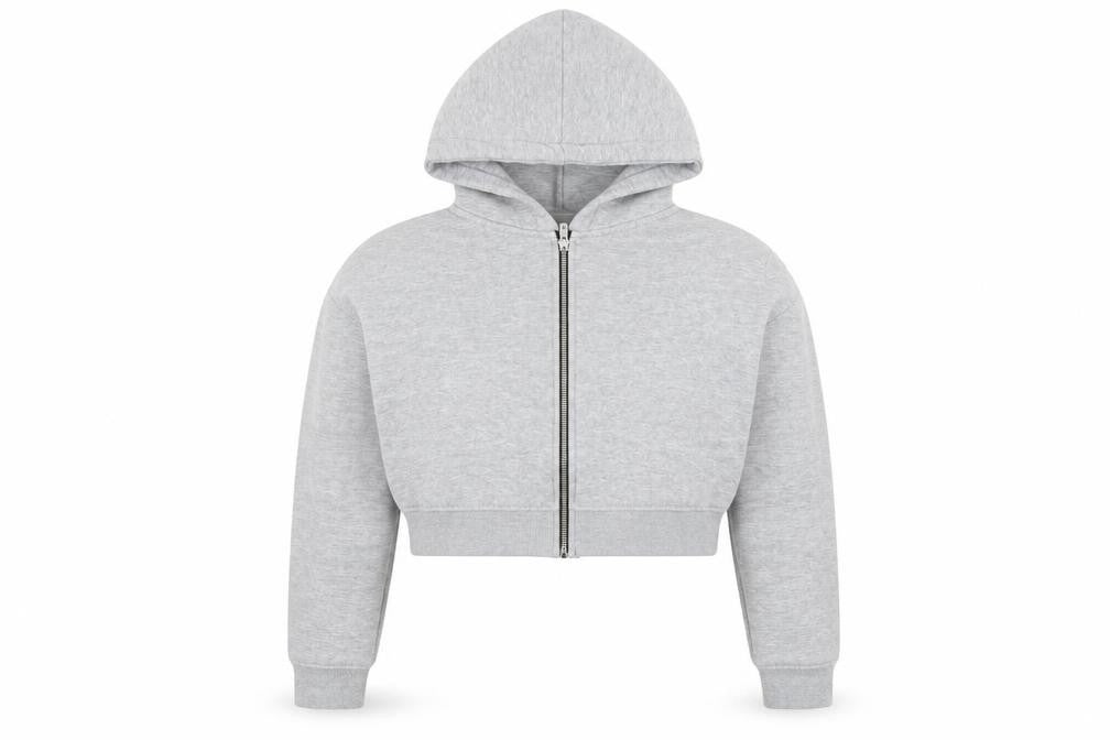 Front view of PRETTYLITTLETHING Women’s Grey Cropped Hooded Zip Jacket, size L