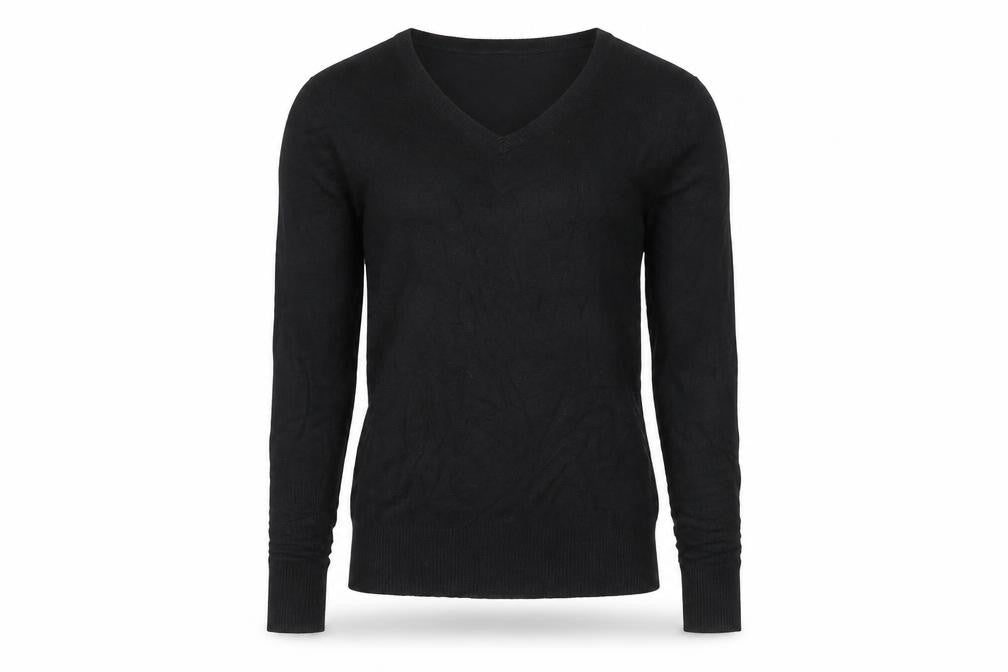Front view of Volcano women’s black v-neck jumper, size S, long sleeve knit