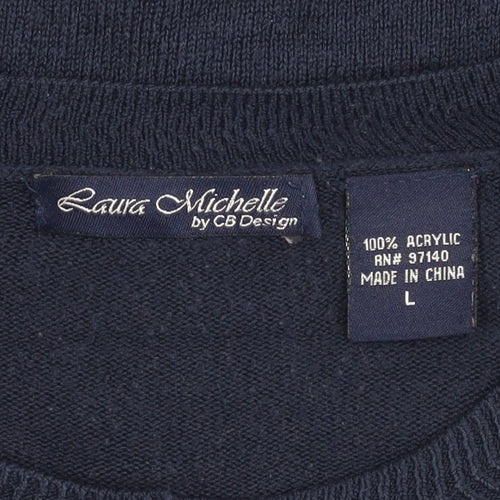 Laura Michelle Women’s Blue Cardigan L Acrylic Knit Crew Neck