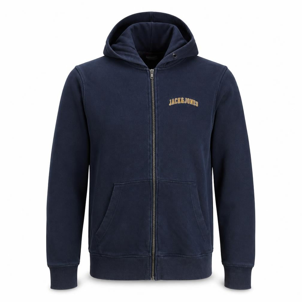 Front view of Jack & Jones Men's Blue Full Zip Hooded Jacket, size S