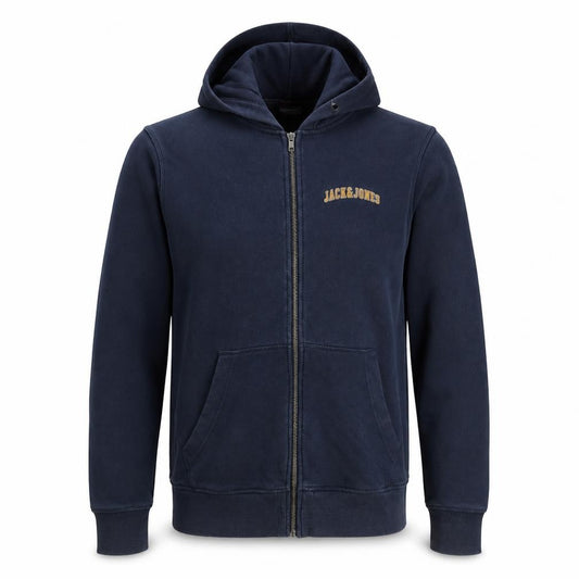 Front view of Jack & Jones Men's Blue Full Zip Hooded Jacket, size S