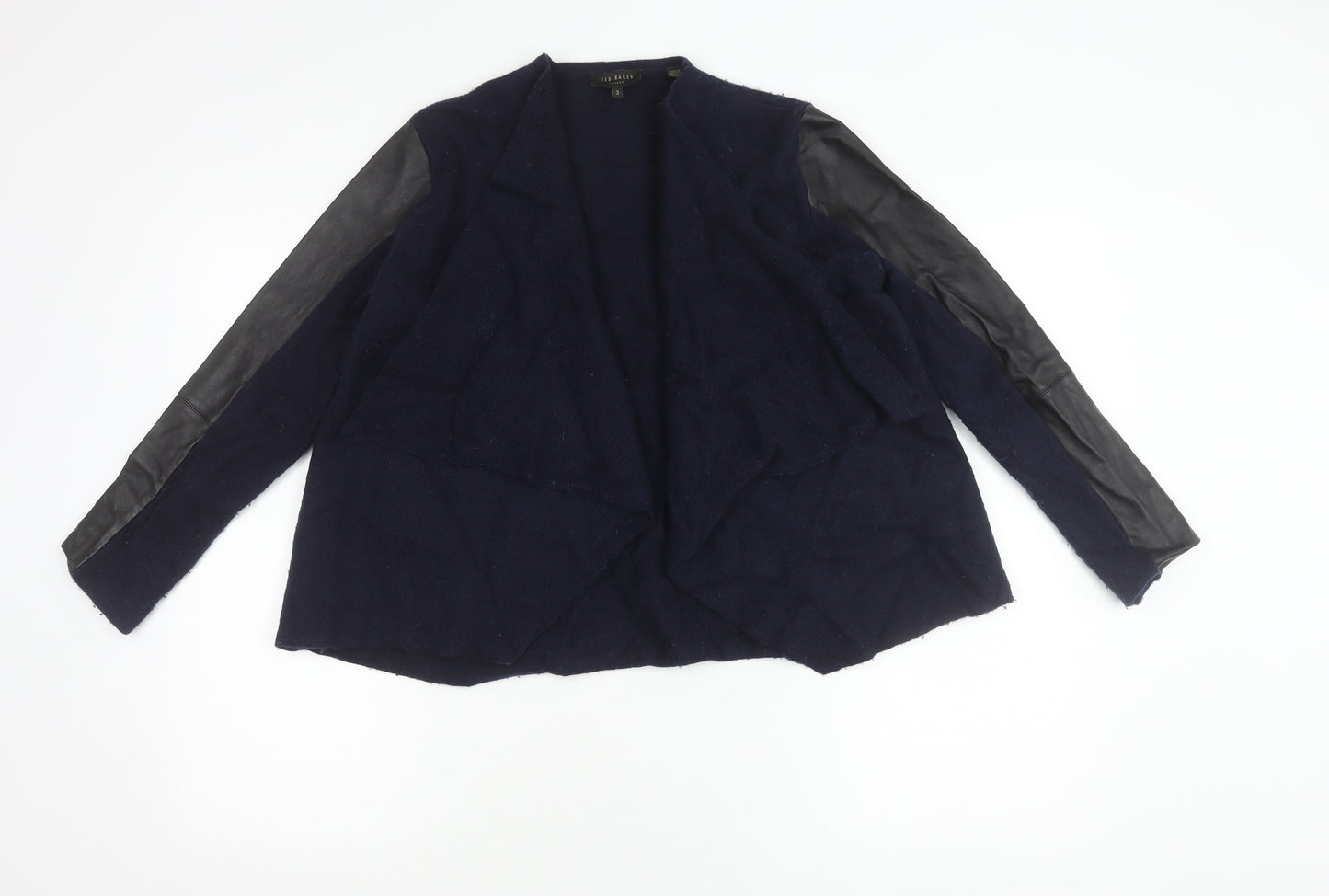 Ted Baker Womens Blue Wool Leather Sleeve Open Cardigan Size 12
