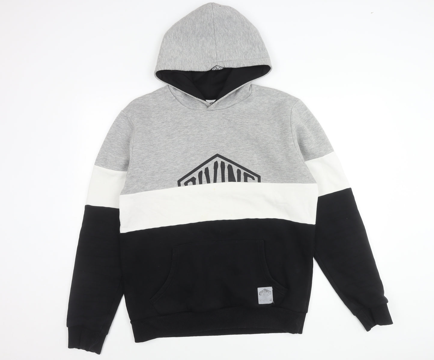 Divine Mens Grey White Black Colour Block Pullover Hoodie Size L