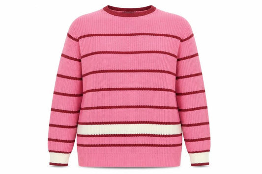 Front view of Studio women’s pink striped crew neck jumper, size UK 12/14, acrylic knit