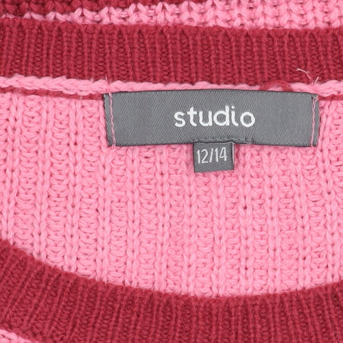 Studio Womens Pink Striped Crew Neck Jumper Size 12/14 Acrylic Knit