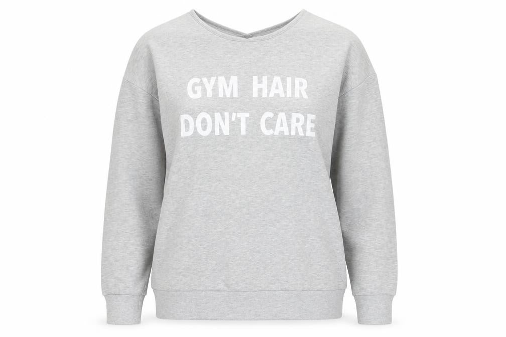 Front view of Michelle Keegan Women’s Grey, size UK 10, Pullover Sweatshirt Gym Quote