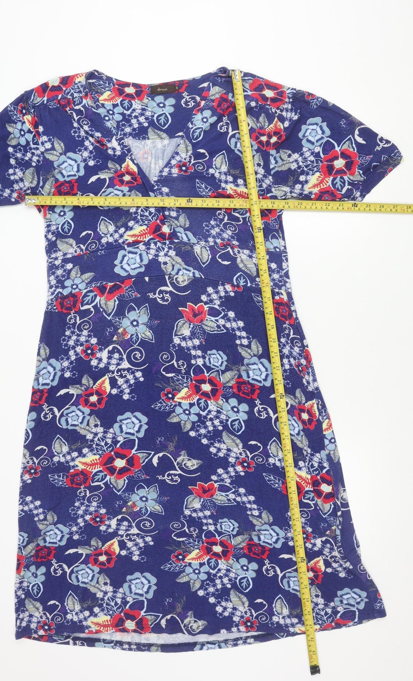 Amari Women’s Blue Floral Sheath Dress Size 8 Short Sleeve V-Neck