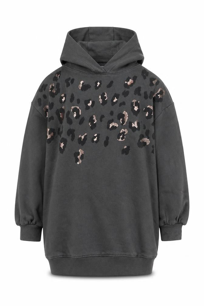 Front view of Next girls’ black animal print sequin pullover hoodie 8 years