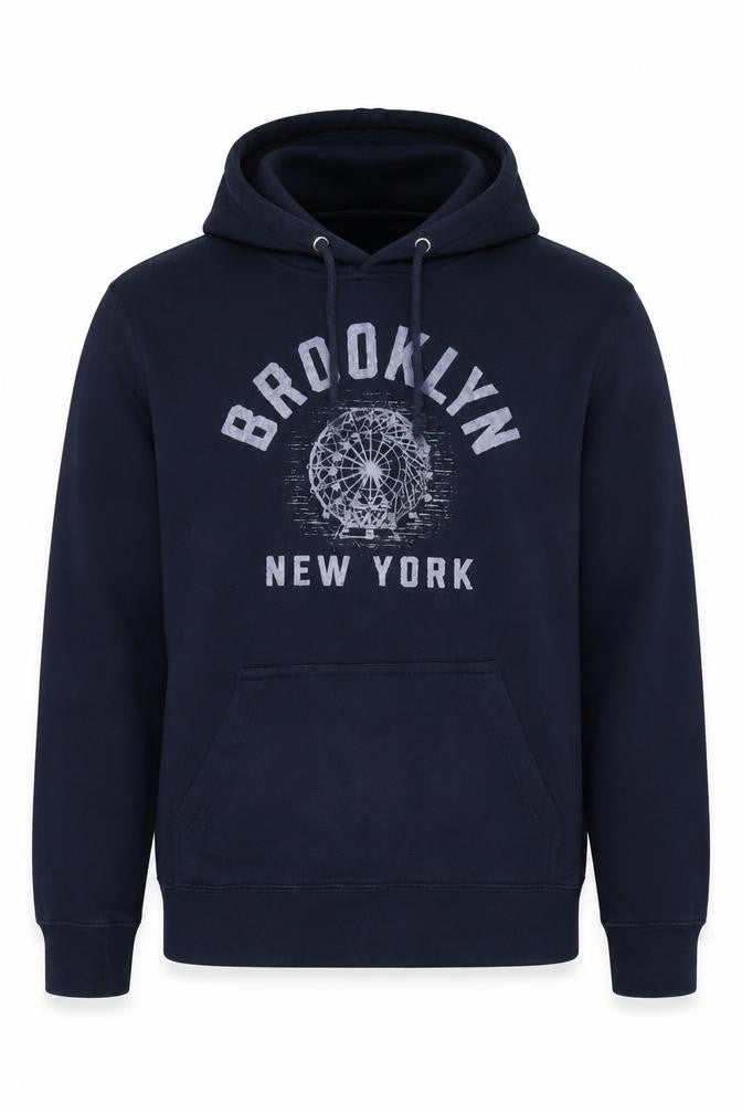 Front view of Lane Seven Men’s Blue Pullover Hoodie S Brooklyn Graphic Hooded Sweatshirt