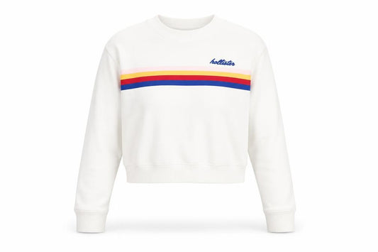 Front view of Hollister women’s white xs crew neck sweatshirt rainbow stripe cotton blend
