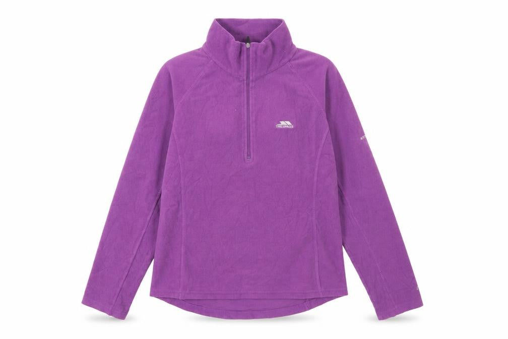 Front view of Trespass women’s purple m fleece 1/4 zip pullover sweatshirt hiking