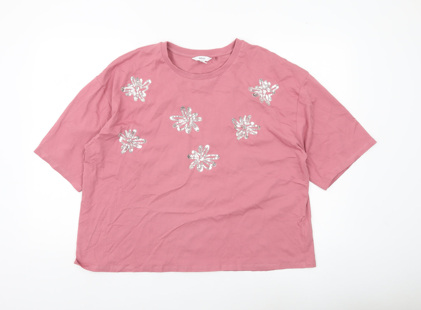 Next Womens Pink Sequin Floral T-Shirt XL Cotton Casual