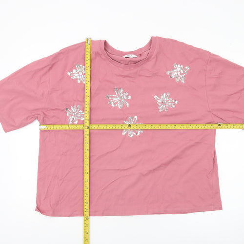Next Womens Pink Sequin Floral T-Shirt XL Cotton Casual