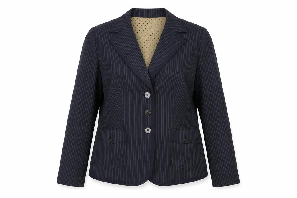 Front view of Apriori Women's Blue Pinstripe Blazer, size 16, Regular Fit