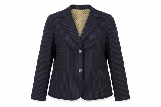 Front view of Apriori Women's Blue Pinstripe Blazer, size 16, Regular Fit