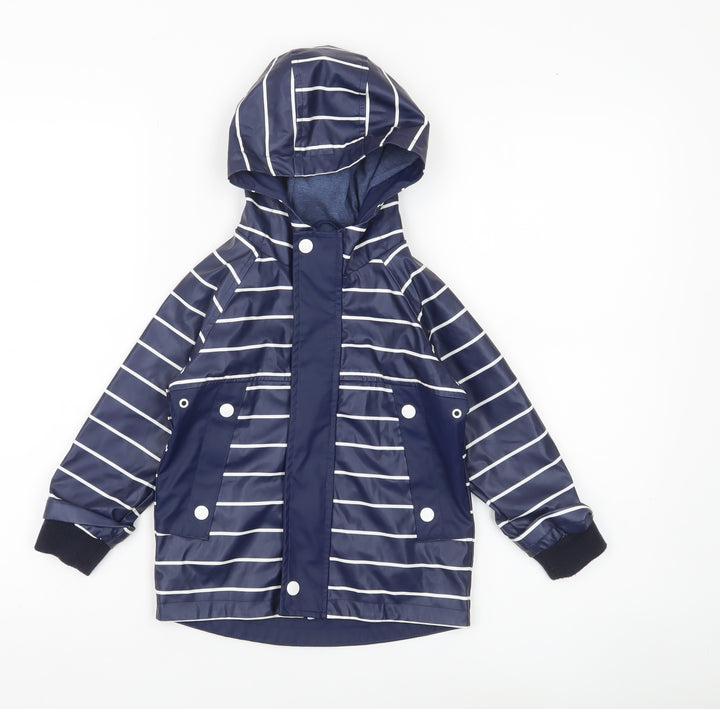 Next Boys Blue Striped Rain Coat 2-3 Years Hooded Waterproof Jacket