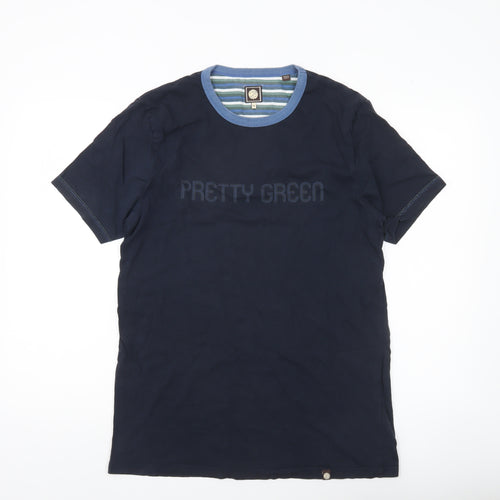 Pretty Green Men’s Navy Blue Crew Neck Cotton T-Shirt Size M Regular Fit