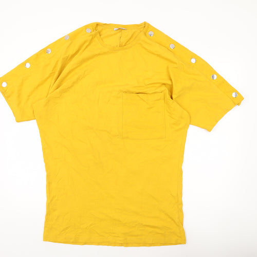 Zara Women Yellow Cotton Button Accent T-Shirt Size M