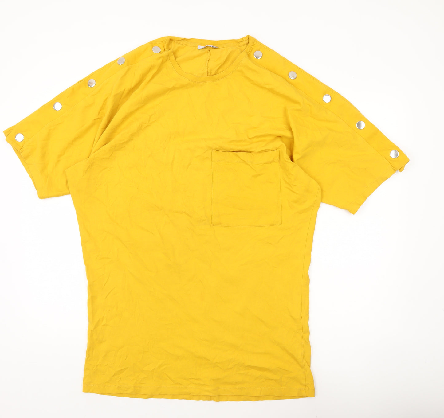 Zara Women Yellow Cotton Button Accent T-Shirt Size M