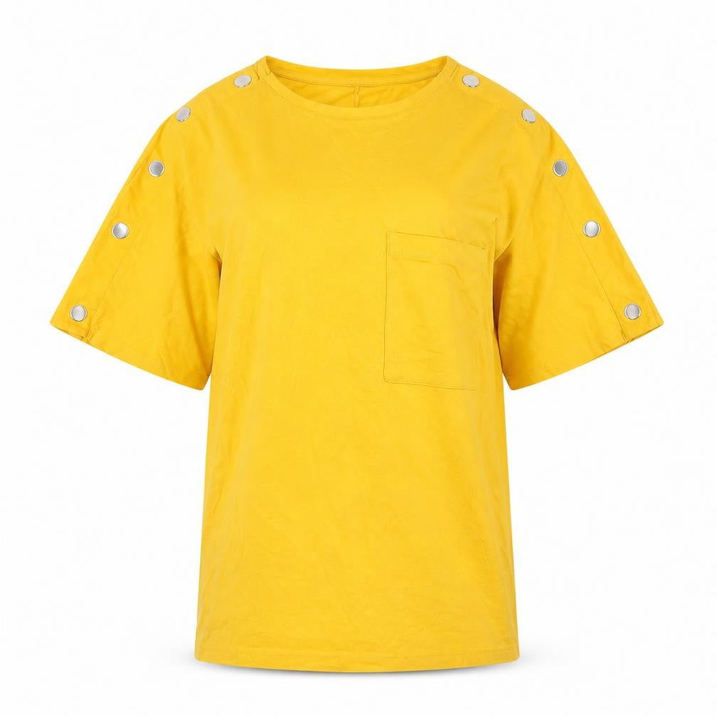 Front view of Zara Women Yellow Cotton Button Accent T-Shirt, size M