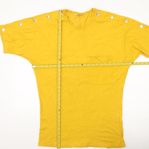 Zara Women Yellow Cotton Button Accent T-Shirt Size M