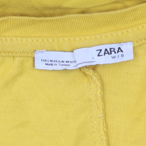 Zara Women Yellow Cotton Button Accent T-Shirt Size M