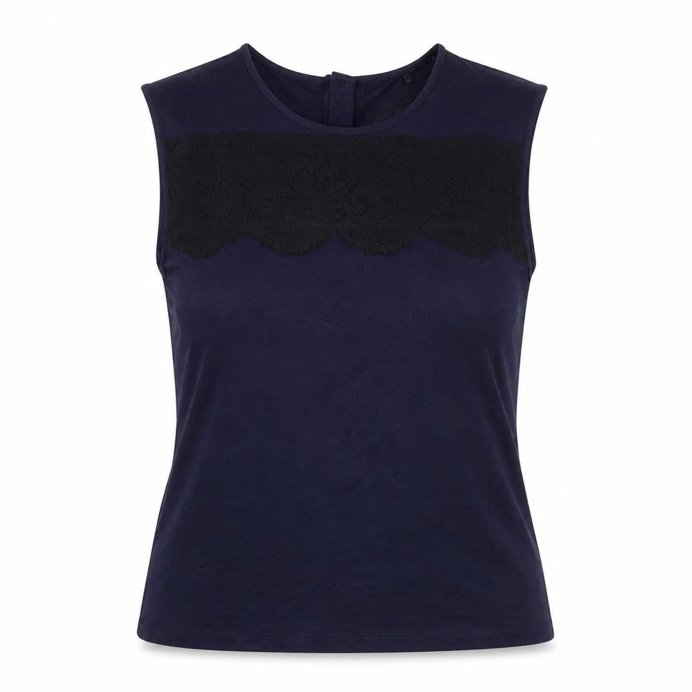 Front view of Next women’s blue lace accent sleeveless blouse, size UK 12