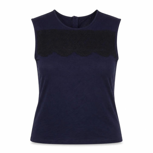 Front view of Next women’s blue lace accent sleeveless blouse, size UK 12