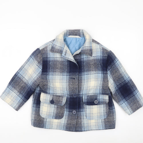 Marks and Spencer Girls Blue Checked Wool Blend Coat Age 5-6 Years