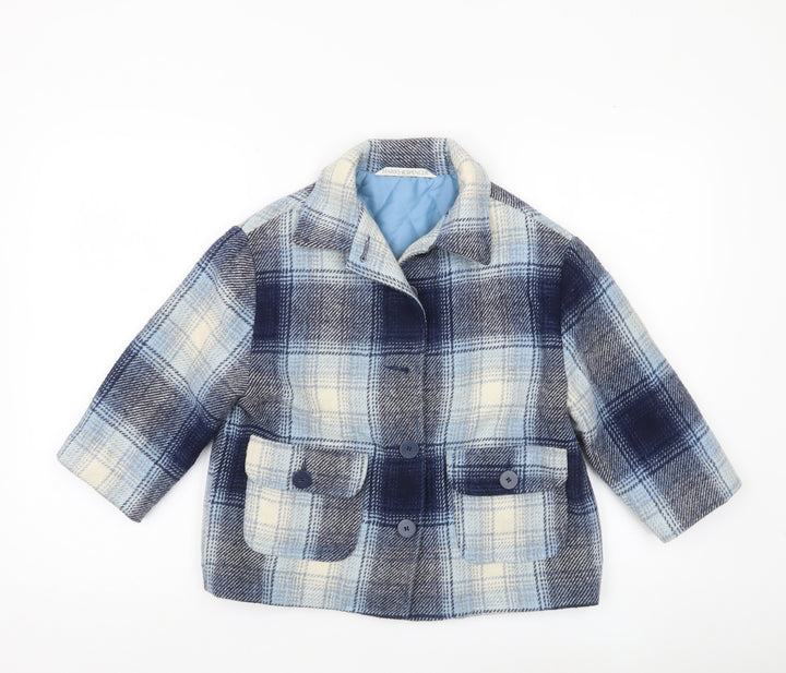 Marks and Spencer Girls Blue Checked Wool Blend Coat Age 5-6 Years