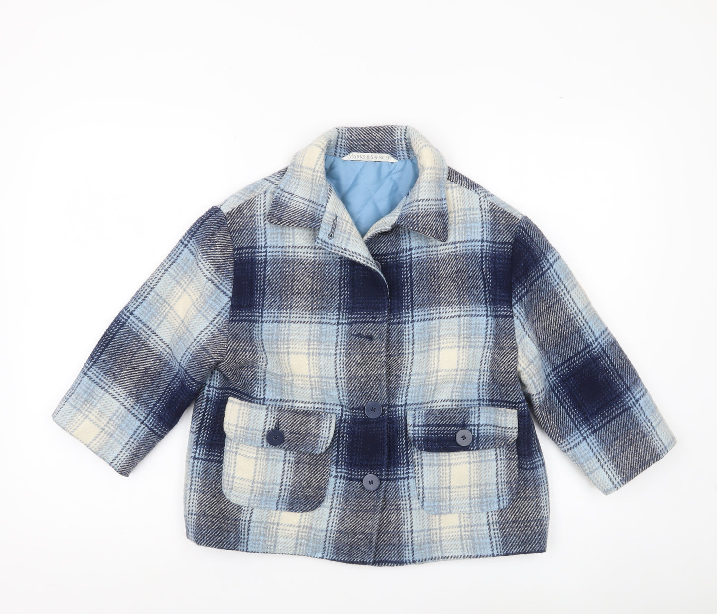 Marks and Spencer Girls Blue Checked Wool Blend Coat Age 5-6 Years