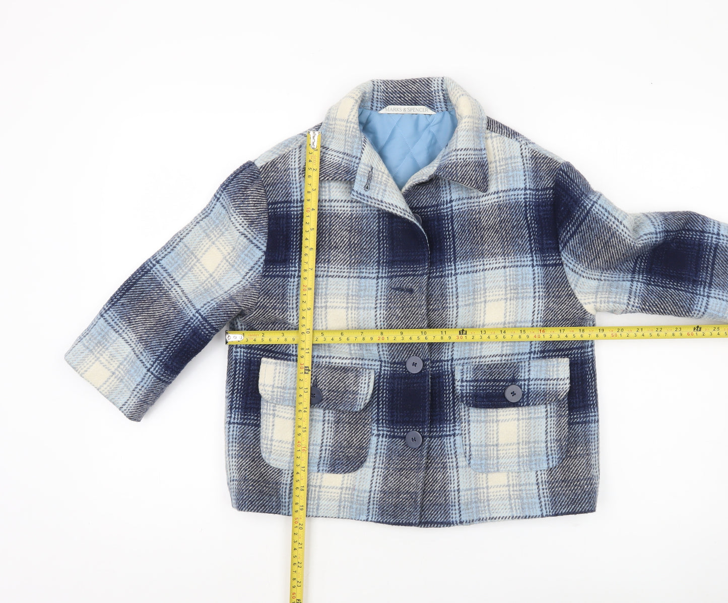 Marks and Spencer Girls Blue Checked Wool Blend Coat Age 5-6 Years