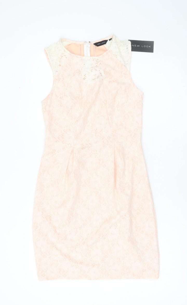 New Look Women Pink Lace Sheath Dress UK 10 Sleeveless Knee Length
