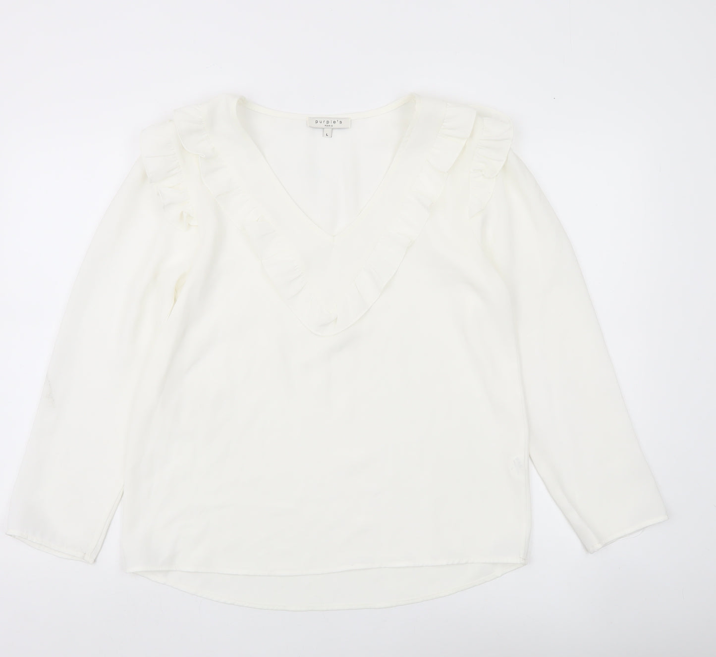Purple's Womens White Ruffle V-Neck Long Sleeve Tunic Blouse Size L