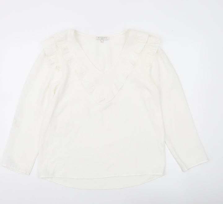 Purple's Womens White Ruffle V-Neck Long Sleeve Tunic Blouse Size L