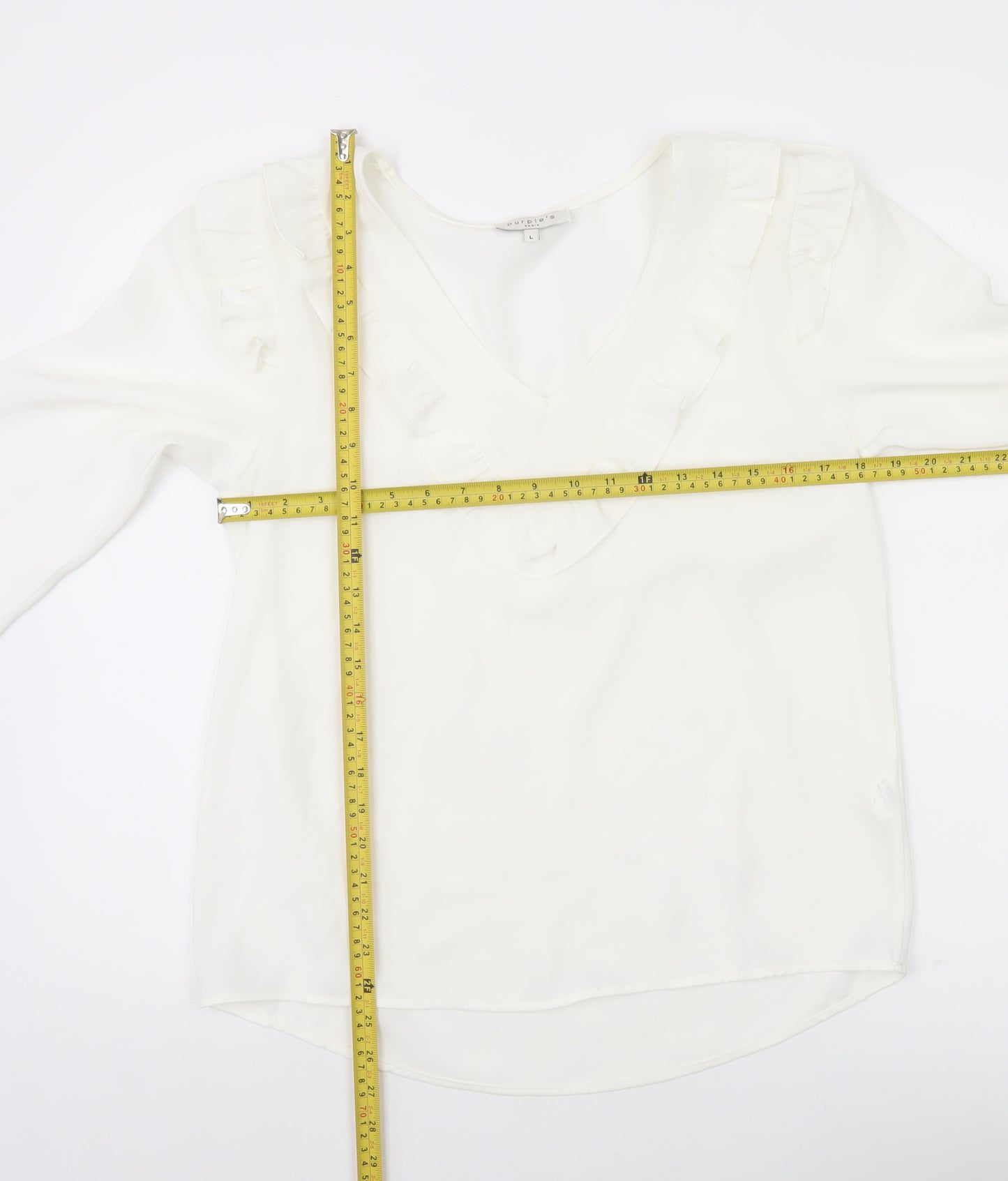 Purple's Womens White Ruffle V-Neck Long Sleeve Tunic Blouse Size L