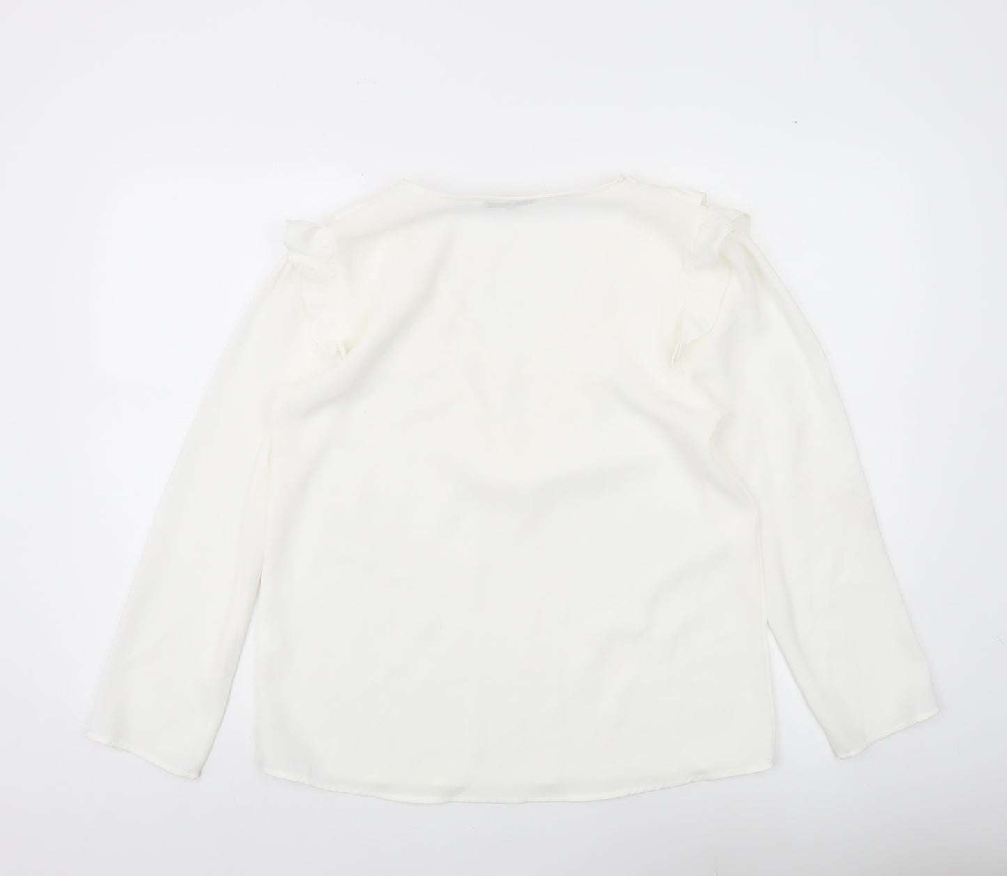 Purple's Womens White Ruffle V-Neck Long Sleeve Tunic Blouse Size L