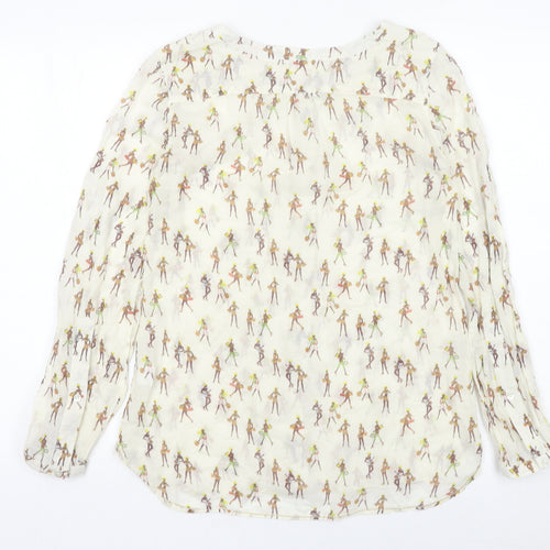Van Den Bergh Womens Ivory Blouse Size 8 Cotton Retro Print Long Sleeve