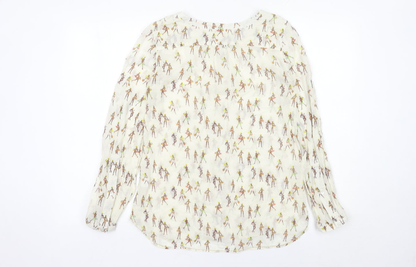 Van Den Bergh Womens Ivory Blouse Size 8 Cotton Retro Print Long Sleeve