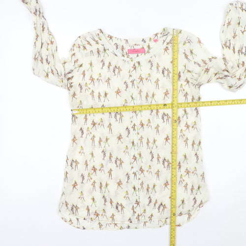 Van Den Bergh Womens Ivory Blouse Size 8 Cotton Retro Print Long Sleeve
