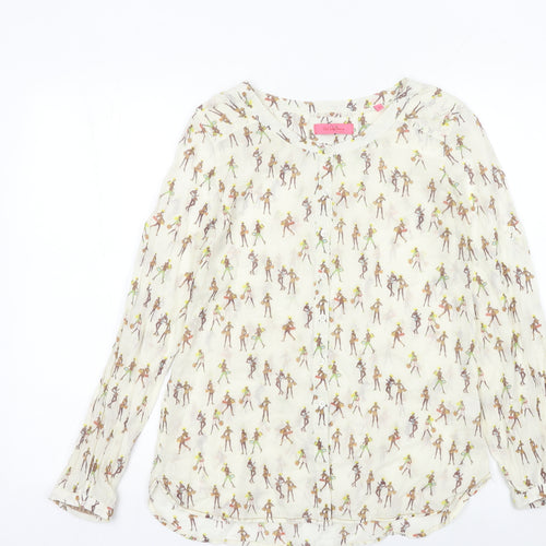 Van Den Bergh Womens Ivory Blouse Size 8 Cotton Retro Print Long Sleeve