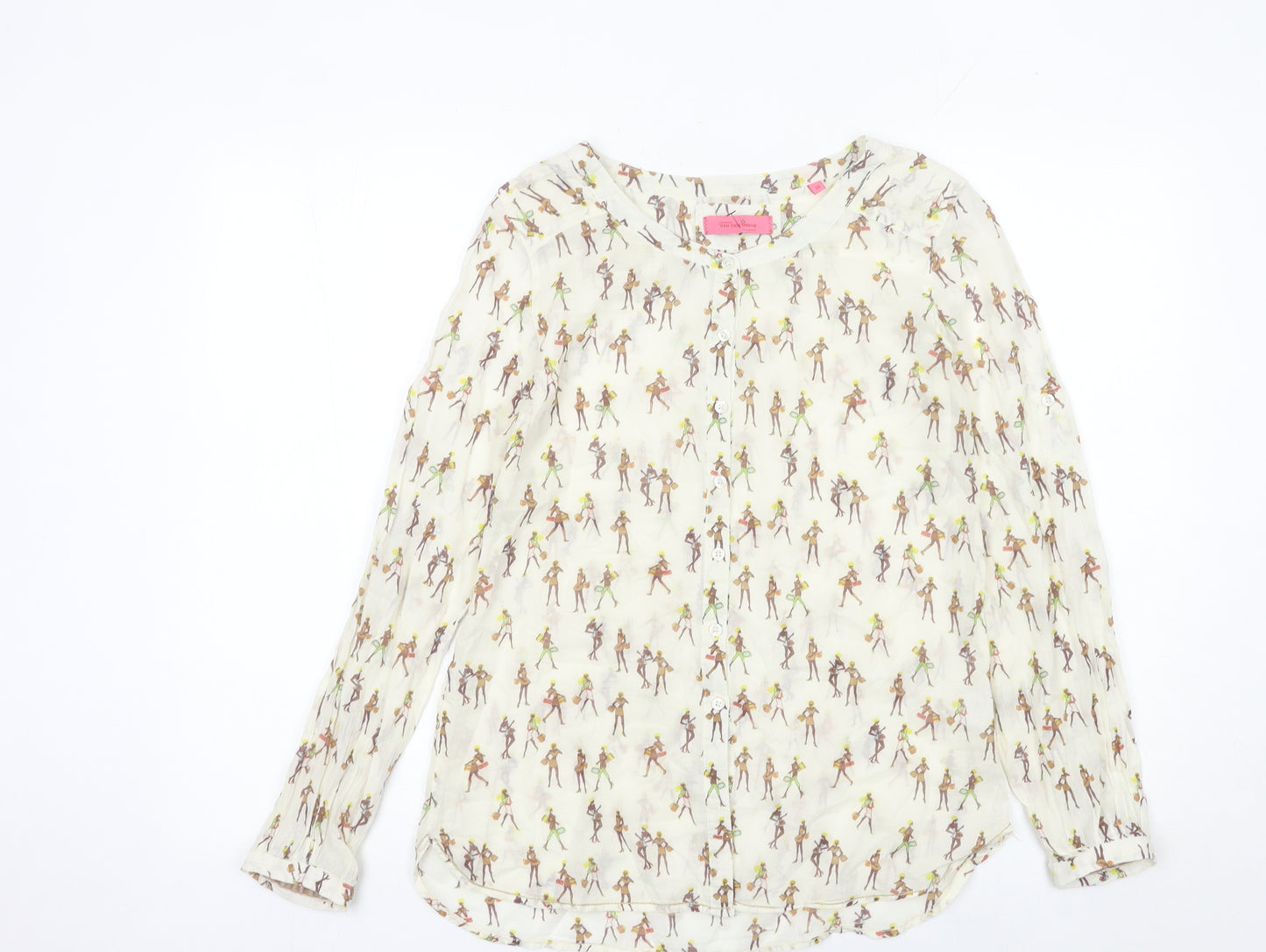 Van Den Bergh Womens Ivory Blouse Size 8 Cotton Retro Print Long Sleeve
