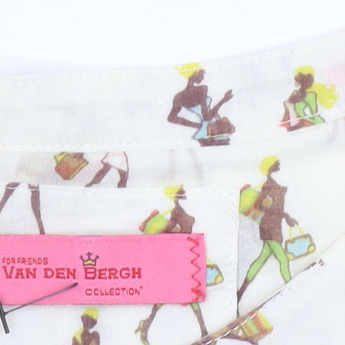 Van Den Bergh Womens Ivory Blouse Size 8 Cotton Retro Print Long Sleeve